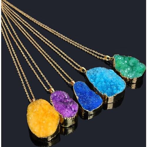 New Fashion Women Colorful Crystal Druzy Natural Stone Pendant Necklaces Gold color Collares Necklace Colar Feminino