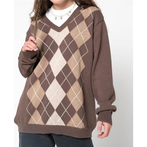 Autumn Winter Knitted Plaid Sweater Women Casual Oversized Pullovers Sweaters Loose Warm Jumper Streetwear Teen Knitwear