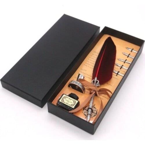 Gift Boxed Functional Crown Original Real Bird Feather Divit Pen Set Wine Color