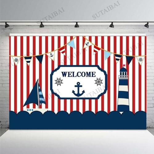 Custom Nautical Party Photography Background Red White Striped Child Birthday Backdrop Baby Shower Photo Studio Photocall