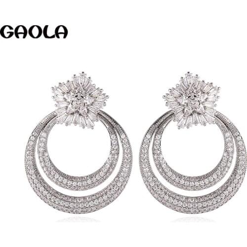 GAOLA New Women Jewelry Geometric Double Circle Earring Clear Cubic Zirconia Dangle Earrings GLE9373