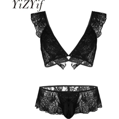 YiZYiF Sissy Dresses Mens Bra Sexy Lace Set G String Thong Sissy Pouch Panties Crossdress Underwear Men Gay Sissy lace panties