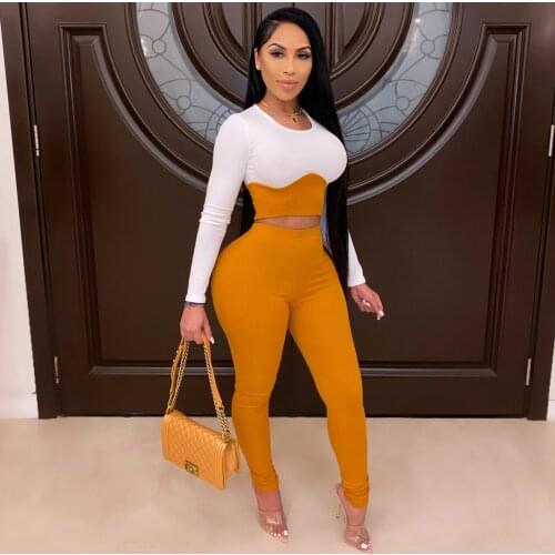 2021 Spring Women New Fashion Casual Patchwork Two-piece Slim Long Sleeve O Neck Short Tops And Pants Matching Sets Tracksuit