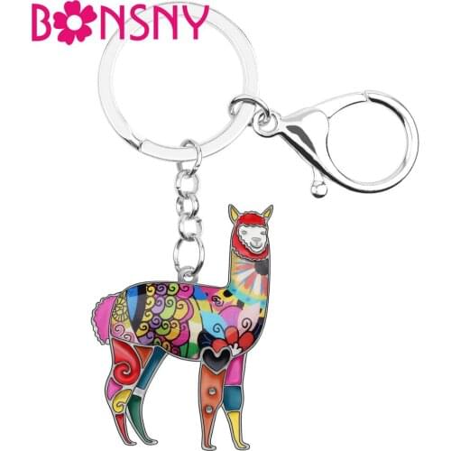 Bonsny Enamel Alloy South American Floral Alpaca Goat Key Chains For Women bag Charms Keyring keychains Fashion Jewelry Sheep