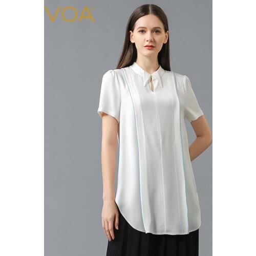 VOA Silk 40m/m White Tops Woman Tshirts Stand Collar Short Sleeve Open Thread Decorative Hem Split Long Ladies T-shirt BE676