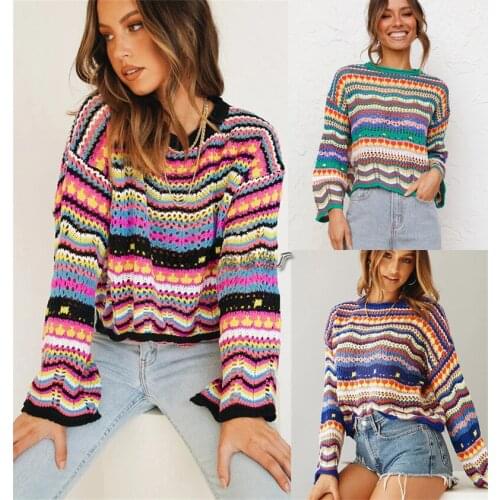 2021 autumn and winter new European and American stitching sweater loose color rainbow round neck striped sweater women