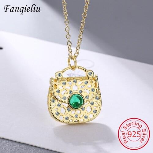 Fanqieliu Gold Color Green Crystal Girl Gift Bag Real 925 Sterling Silver Pendant Necklace For Woman FQL21362