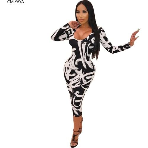 Women Autumn Winter O-Neck Full Sleeve Midi Dress Fashion Print Dress Sexy Night Club Party Bandage Bodycon Dresses M7271