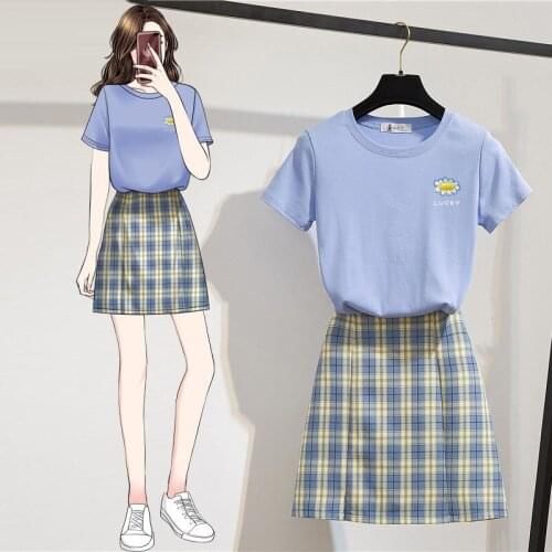 2021 New Korean Short-sleeved T-shirt + High-waist Plaid Skirt Suit Two-piece Female Summer Skirt
