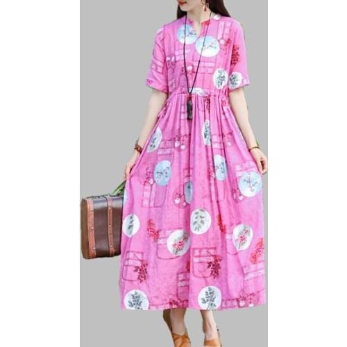 New Fashion Half Sleeve Loose Summer Print Dress Women Plus Size Holiday Casual O-Neck Maxic Dress