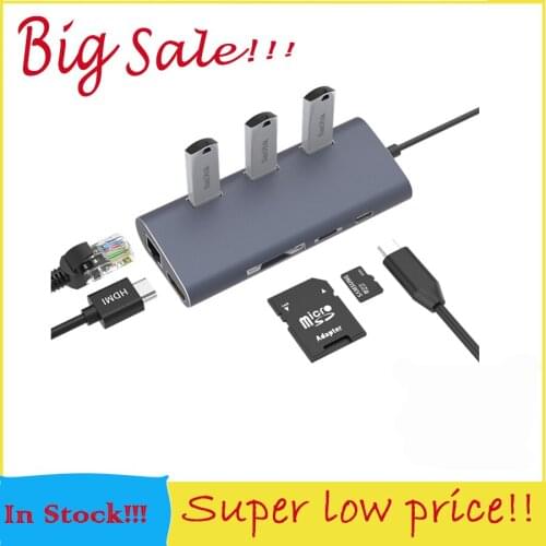 8 in 1 3-port USB Multifunction Aluminum USB C HUB TYPE C HUB for USB 3.0 HUB+HDM1+ SD/ TF card reader+RJ45+type-C HUB
