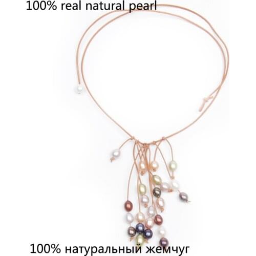 Free shipping Wild bohemia lady mix color seed shape natural real pearl fresh water pearl bead handmade genuine leather necklace