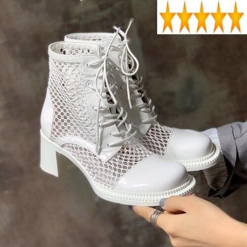 Hollow Summer Women Fashion Mesh Out Top Boots Lace Up Ladies Patchwork Genuine Leather Block High Heels Sandals