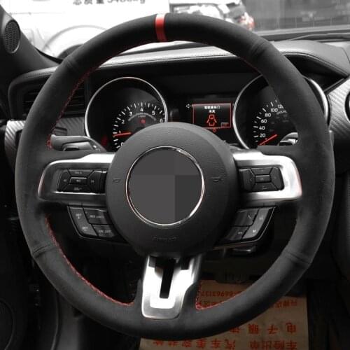 DIY Car Steering Wheel Cover Hand-Stitched Non-slip Black Suede For Ford Mustang 2015-2019 / Mustang GT 2015-2019
