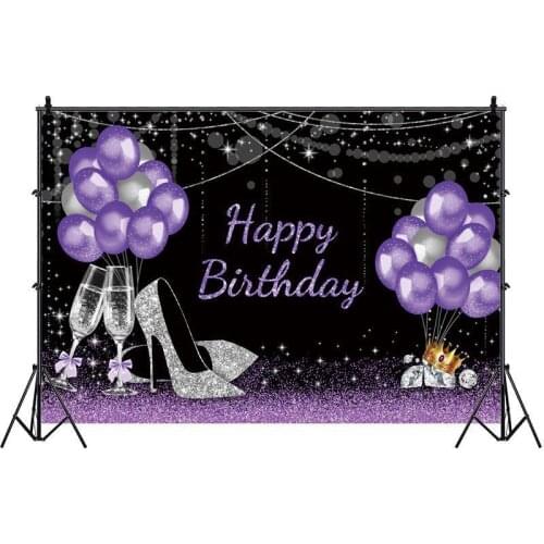Purple Happy Birthday Backdrop Diamond Balloon Lady Party Photography Background Photo Studio Decorations Supplies