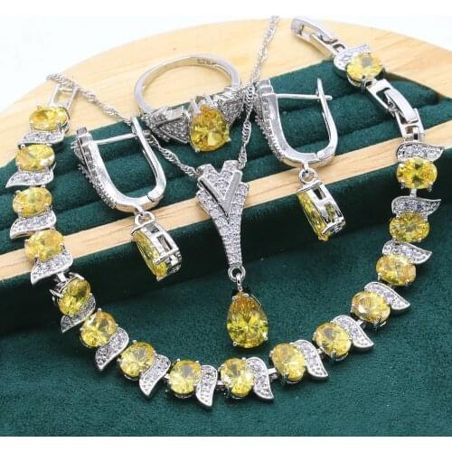 Exquisite Yellow Crystal 925 Sterling Silver Jewelry Sets For Women Wedding Bracelet Long Earrings Necklace pendant Ring