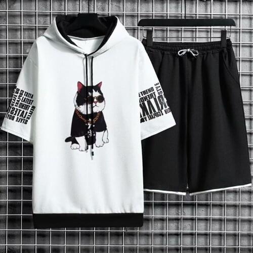 Hooded T-shirt Set Mens Shorts Suit Fashion Casual Sports Mens Clothing Hip Hop Suit Summer Casual Two-piece Shorts & T-shirt