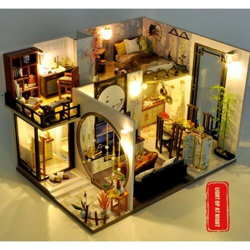 Chinese Loft DIY Dollhouse Kit Wooden House With Light Miniature With Furniture Kids New Year Christmas Birthday Gifts