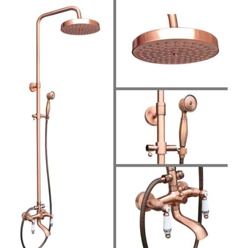 Antique Red Copper Wall Mounted 7.7" Rain Bathroom Rainfall Shower Faucet Set with Hand Spray Shower Head Tub Mixer Tap 2rg542