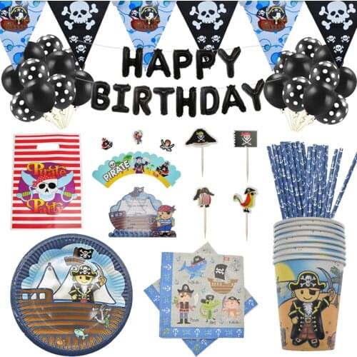 Pirate Theme Party Disposable Tableware Kids Birthday Supplies Napkin Plate Cup Banner balloon corsair Cake Decoration