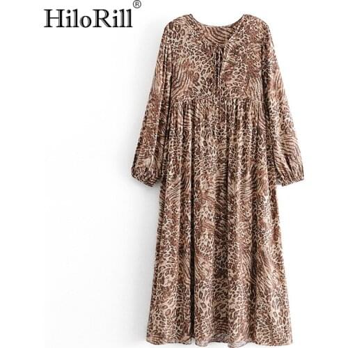HiloRill Stylish Animal Print Long Maxi Dress Autumn Spring 2021 O Neck Loose Pleated Dress Bow Decorate Vintage Dress Sundress