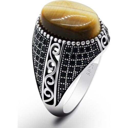 Real 925 Sterling Silver Mens Ring with Natural Tiger Eyes Stone &Black CZ Vintage Turkish Lucky Jewelry to Male Women Gift
