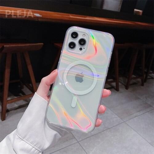 Luxury Laser Clear Magnet Case For iPhone 12 mini 11 Magsafe Wireless Charging Cover For iphone 11 12 Pro Max Cute Silicone Capa