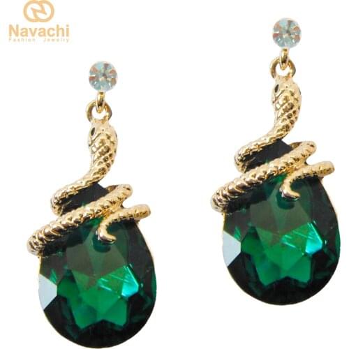 Navachi Curly Snake Green Crystal Zircon Yellow GP Ear Stud Earrings SMT1901