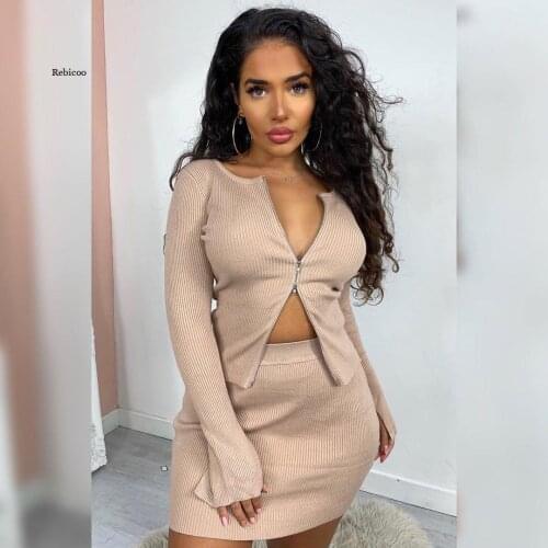 Sexy 2 Piece Set Ribbed Bodycon Zip Crop Top + Mini Skirt Matching Sets Long Sleeve Party Club Outfits for Women Elegant Fall