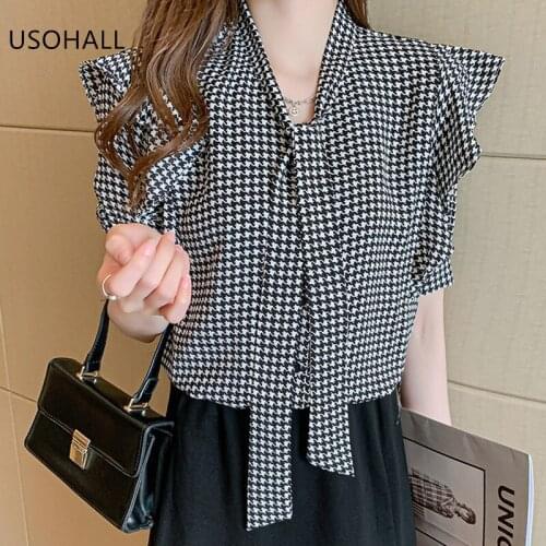 USOHALL 2021 Summer New Casual Retro Bow Ribbon Shirt Short Sleeve Blouse