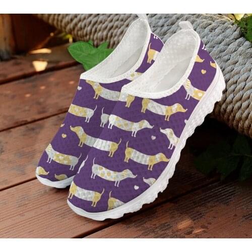 ELVISWORDS Love Dachshund Cute Dog Purpel Womens Flats Shoes Casual Sneakers Summer Air Mesh Light Female Walking Shoes Woman
