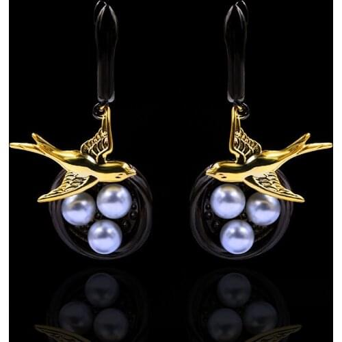Original 925 Sterling Silver Drop Earrings Baroque Pearl Swallow Black Gold Dangle Earrings Womens Anniversary Gifts