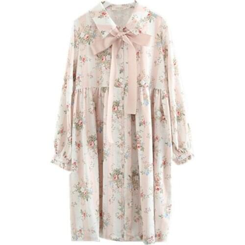 XUANHAO Chiffon Womens Floral Print Pink A-Line Dress 2020 Autumn Long Sleeve Peter Pan Collar Sweet Style Girl Dress