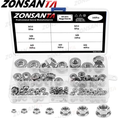 ZONSANTA160pcs Hexagon Flange Nuts M3 M4 M5 M6 M8 M10 M12 304 Stainless Steel Universal Locknuts Set Assortment Kit DIN6923