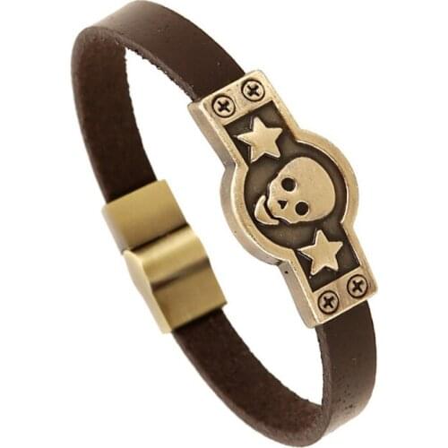 Punk Rock Skull Star Charm Cross Bracelet for Biker Women Men Vintage Leather Skeleton Magnetic Wristband Bangle Fashion Jewelry