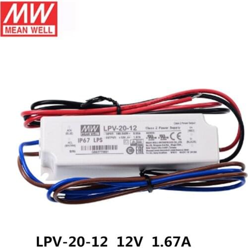 Mean Well Switching power supply Lpv-20 20w 5v 12v 15v 24v Constant voltage waterproof Plastic LED Driver Ip67 ac dc meanwell