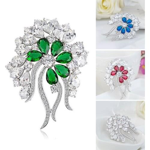 AAA Cubic Zircon Clear Brooches Pins Crystal Flower Brooches Rhinestone Gems Stone For Women Bridal Party Jewelry Accessories