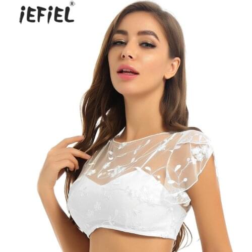 Floral Lace Sexy Crop Top Underwear Women Elegant Round Neck Short Sleeve See through Party Tank Tops Dress T-shirt Lingerie