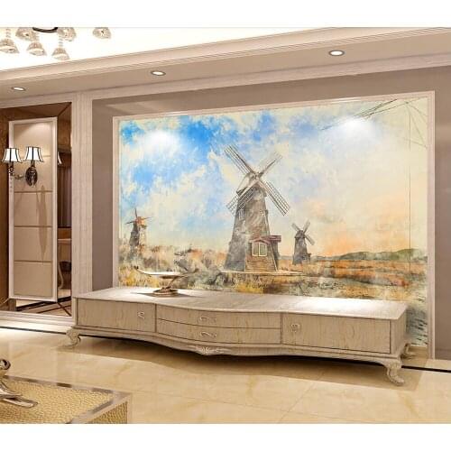 Decorative wallpaper Hand-painted windmill gobi background wall painting