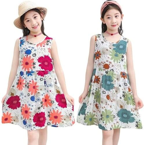 2-16 Years Girls Dresses For Sleeveless Summer Cotton Costume Clothing Kids Teenagers New Floral Print Cute Princess Party Dress