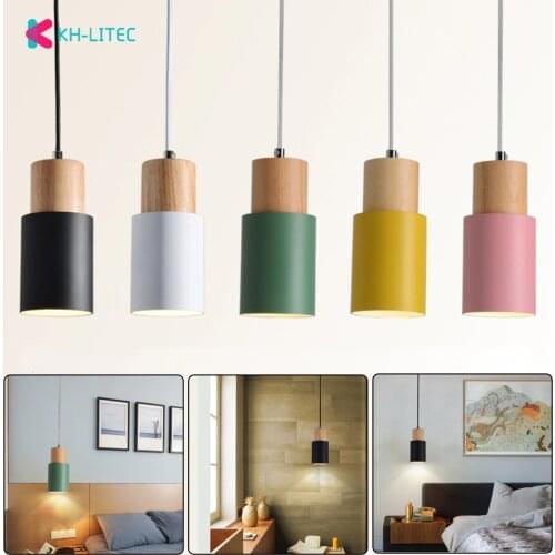 Designer Nordic simple Wood Pendant Lights led hang lamp Colorful Aluminum fixture Kitchen Island bar hotel home decor E27