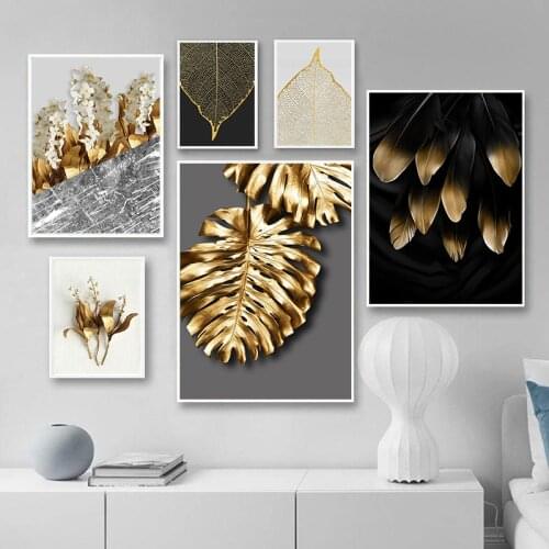 Canvas Painting Golden Leaves Luxury Abstract Posters And Prints Minimalist Plant Wall Art Pictures Living Room Home Decor
