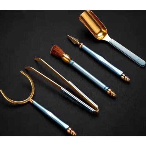 Copper and Aluminum Tea Ceremony Five-Piece Set Tea Spoon Tea Pin Cup Pen Tea Clamp Set Color Aluminum Set Tea Accessories
