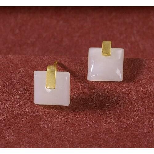 Natural 925 sterling silver gilded inlaid hetian white jade square earrings jewelry simple individuality for women