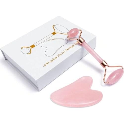Natural Gouache Stone Jade Roller Massager Gouache Scraper Set Rose Quartz Face Massage Roller Guasha Scraper Massager For Face