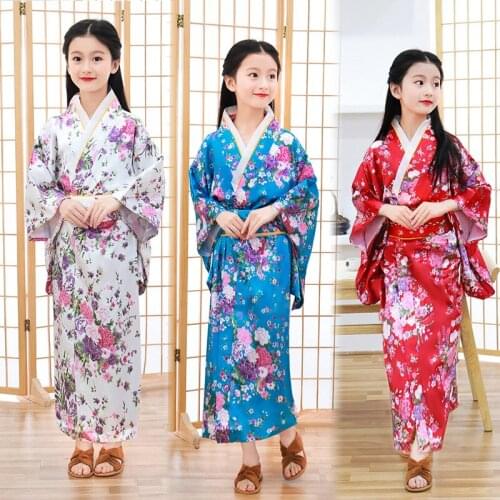 New girls kimono Japanese bathrobe girl princess dress performance dress cute bow sweat steaming suit