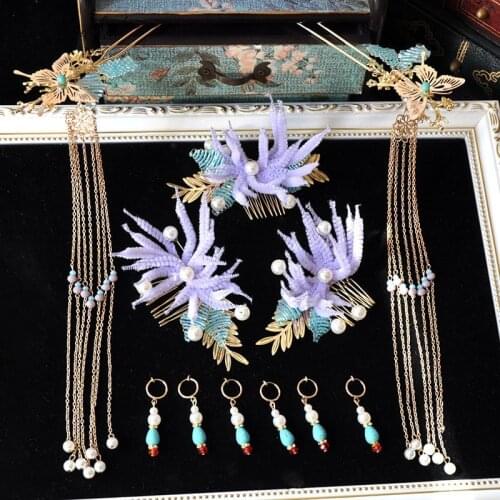 PEORCHID Butterfly Hair Sticks Bridal Hair Jewelry Wedding Hair Pins For Women Purple Flower Chinese Headdress Brides Hair Comb