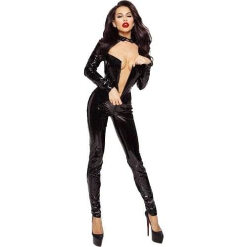 Plus Size Faux Leather Jumpsuits Sexy Women Zipper Open Crotch Latex Bodysuits Erotic Fetish Black PVC Playsuit Party Clubwear