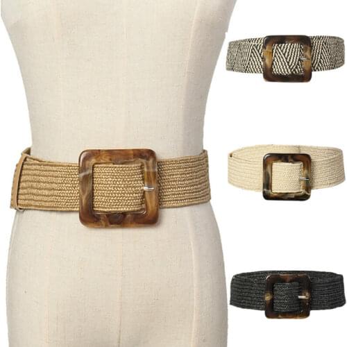 Women Belt Straw Casual Ultra Wide Belt Female Woven Vintage Carved Wood Buckle Elastic Belt Decoration Dress Shirt Waist Seal