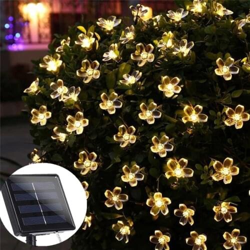 5m 7m 12m Peach Flower LED String Fairy Lights Solar Lamp Solar Garlands Light Power Garden Wedding Christmas Decor for Outdoor